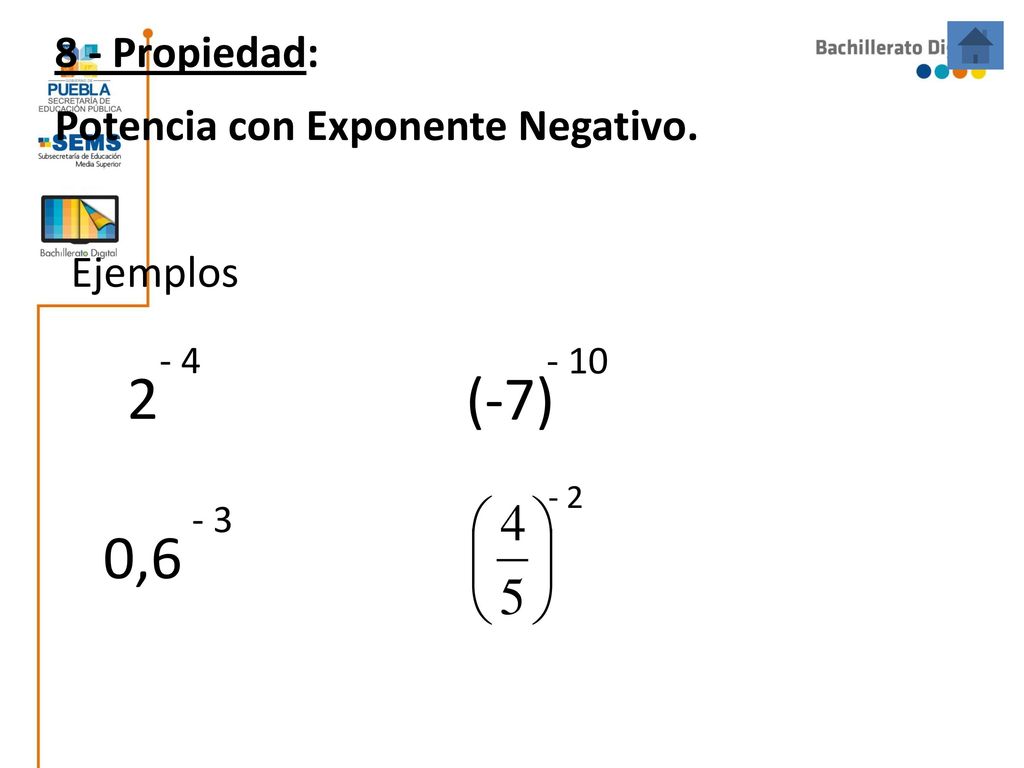 2 (-7) 0,6 8 - Propiedad: Potencia con Exponente Negativo. Ejemplos