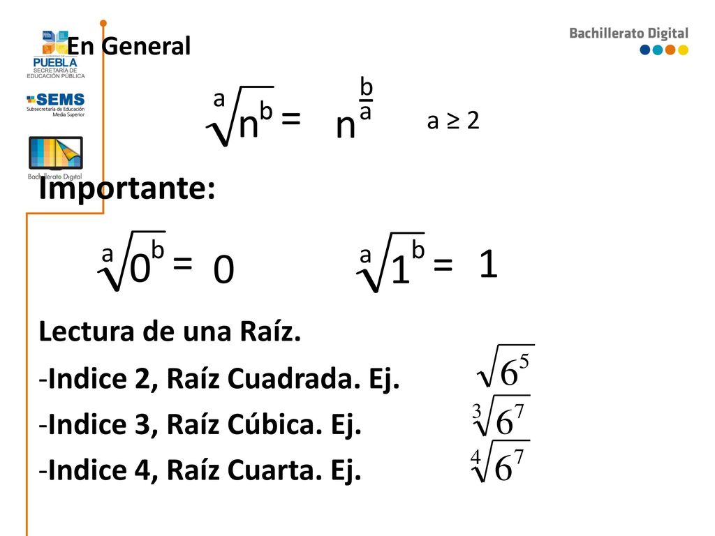 n n = n = = 1 1 Importante: Lectura de una Raíz.