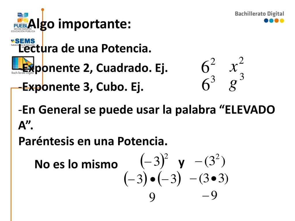 Algo importante: Lectura de una Potencia. Exponente 2, Cuadrado. Ej.