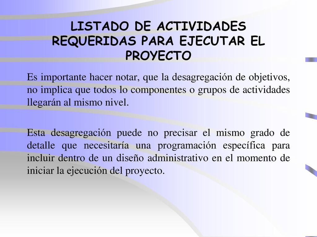 LISTADO DE ACTIVIDADES REQUERIDAS PARA EJECUTAR EL PROYECTO
