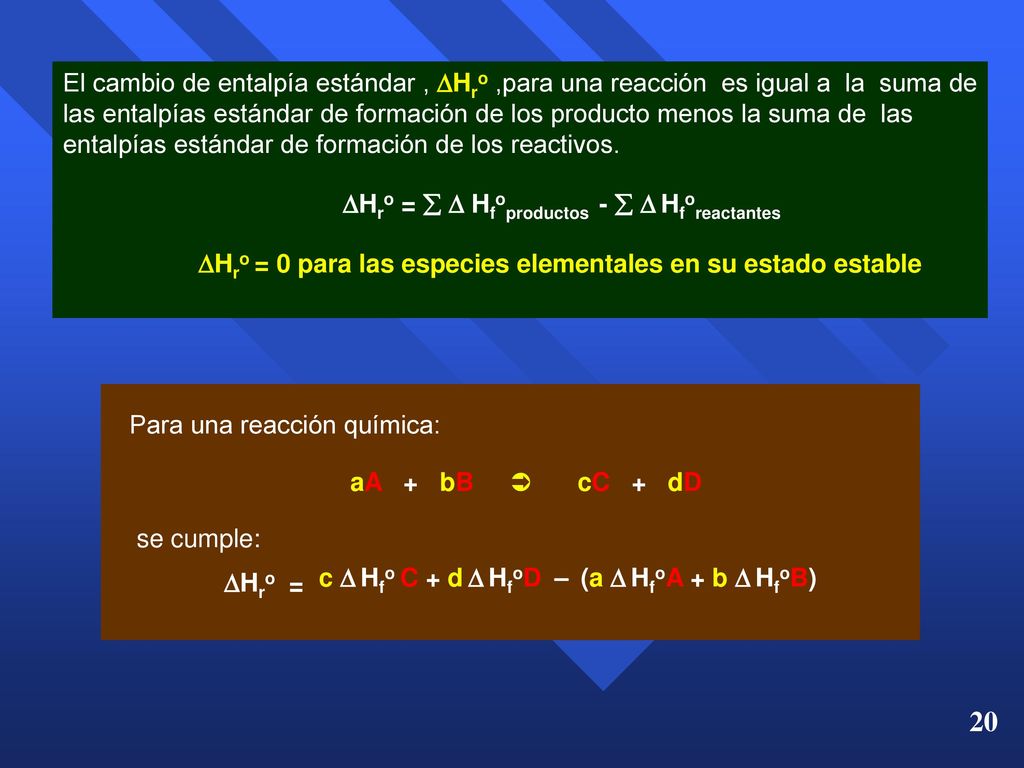 El cambio de entalpía estándar , Hro ,para una reacción es igual a la suma de las entalpías estándar de formación de los producto menos la suma de las entalpías estándar de formación de los reactivos.