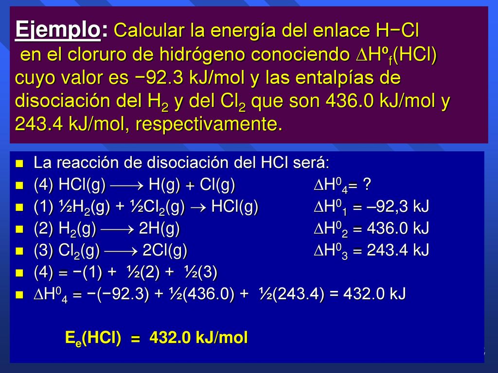 Ejemplo: Calcular la energía del enlace H−Cl en el cloruro de hidrógeno conociendo Hºf(HCl) cuyo valor es −92.3 kJ/mol y las entalpías de disociación del H2 y del Cl2 que son kJ/mol y kJ/mol, respectivamente.
