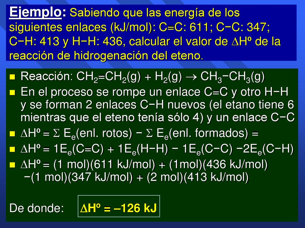 Ejemplo: Sabiendo que las energía de los siguientes enlaces (kJ/mol): C=C: 611; C−C: 347; C−H: 413 y H−H: 436, calcular el valor de Hº de la reacción de hidrogenación del eteno.