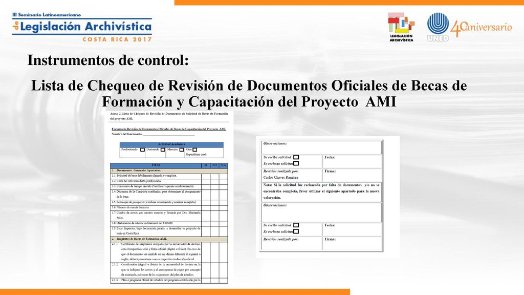 Instrumentos de control: Lista de Chequeo de Revisión de Documentos Oficiales de Becas de Formación y Capacitación del Proyecto AMI