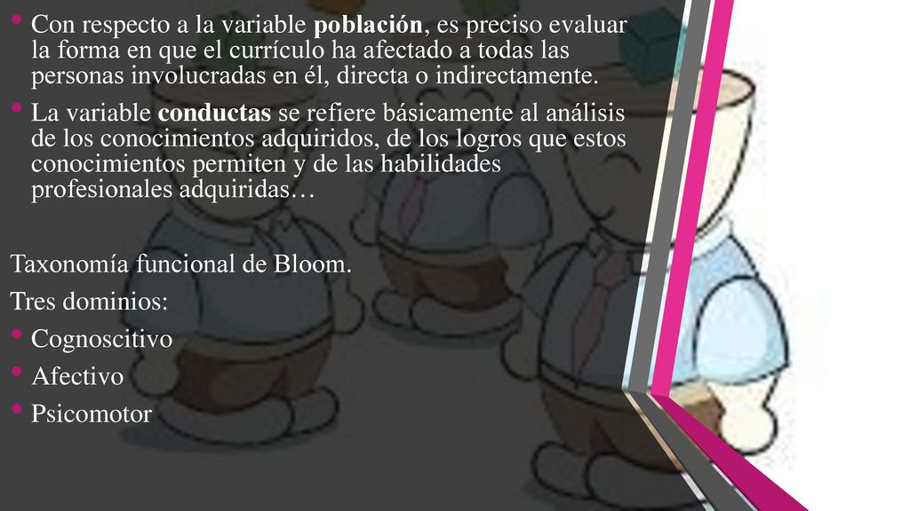 Con respecto a la variable población, es preciso evaluar la forma en que el currículo ha afectado a todas las personas involucradas en él, directa o indirectamente.