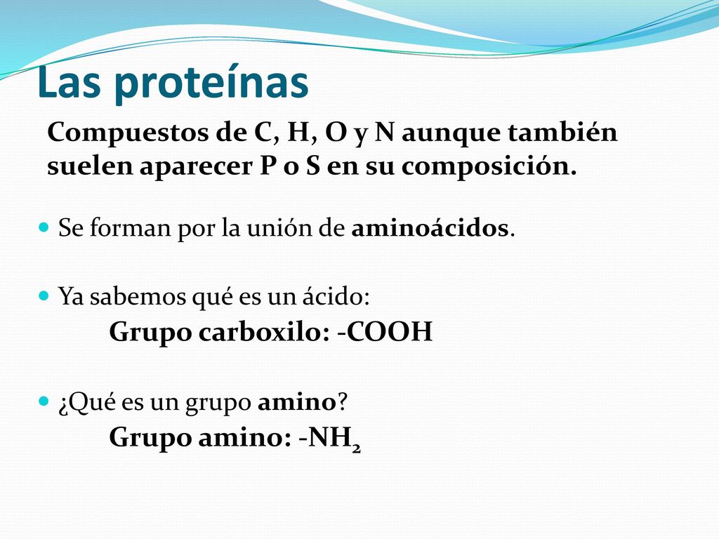 Las proteínas Compuestos de C, H, O y N aunque también suelen aparecer P o S en su composición. Se forman por la unión de aminoácidos.