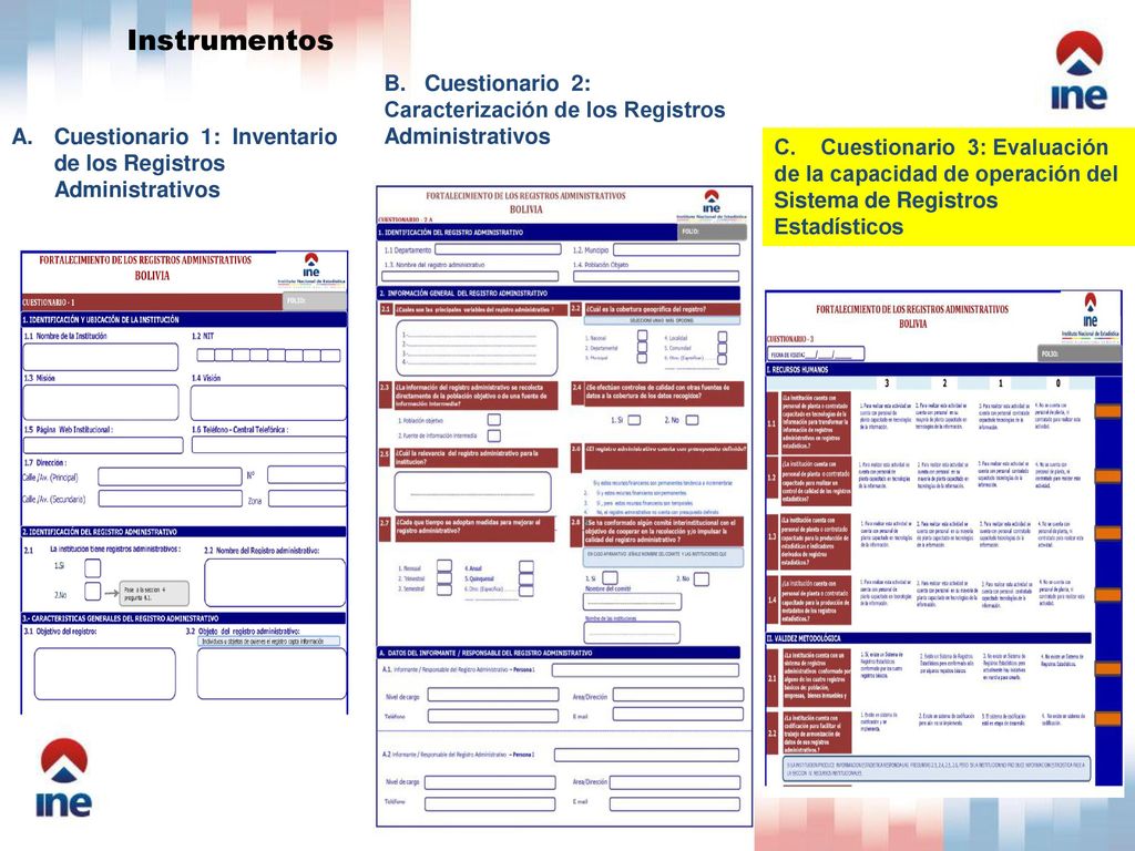 Instrumentos B. Cuestionario 2: Caracterización de los Registros Administrativos. Cuestionario 1: Inventario de los Registros Administrativos.