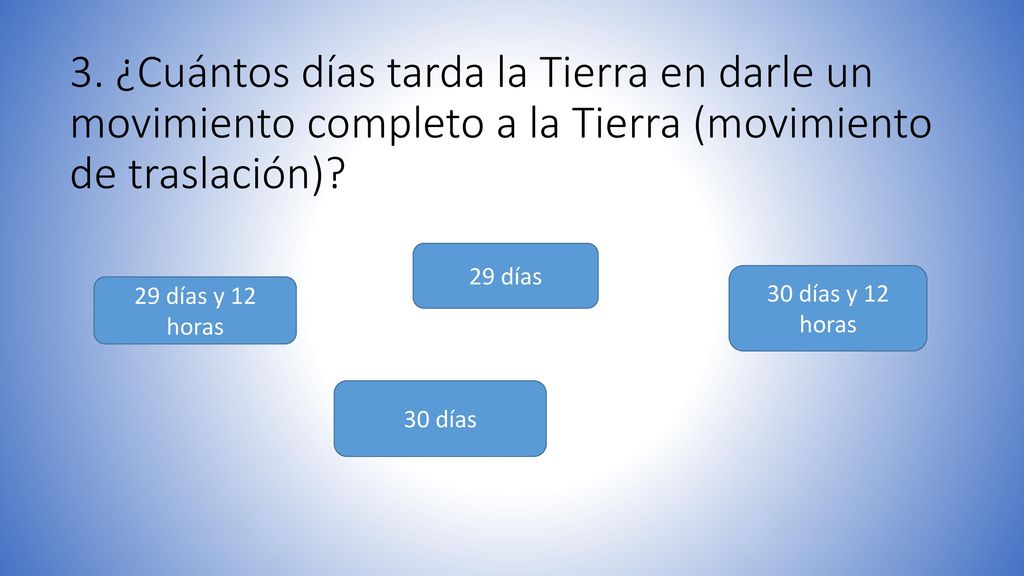3. ¿Cuántos días tarda la Tierra en darle un movimiento completo a la Tierra (movimiento de traslación)