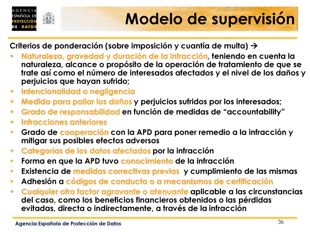 Modelo de supervisión Criterios de ponderación (sobre imposición y cuantía de multa) 