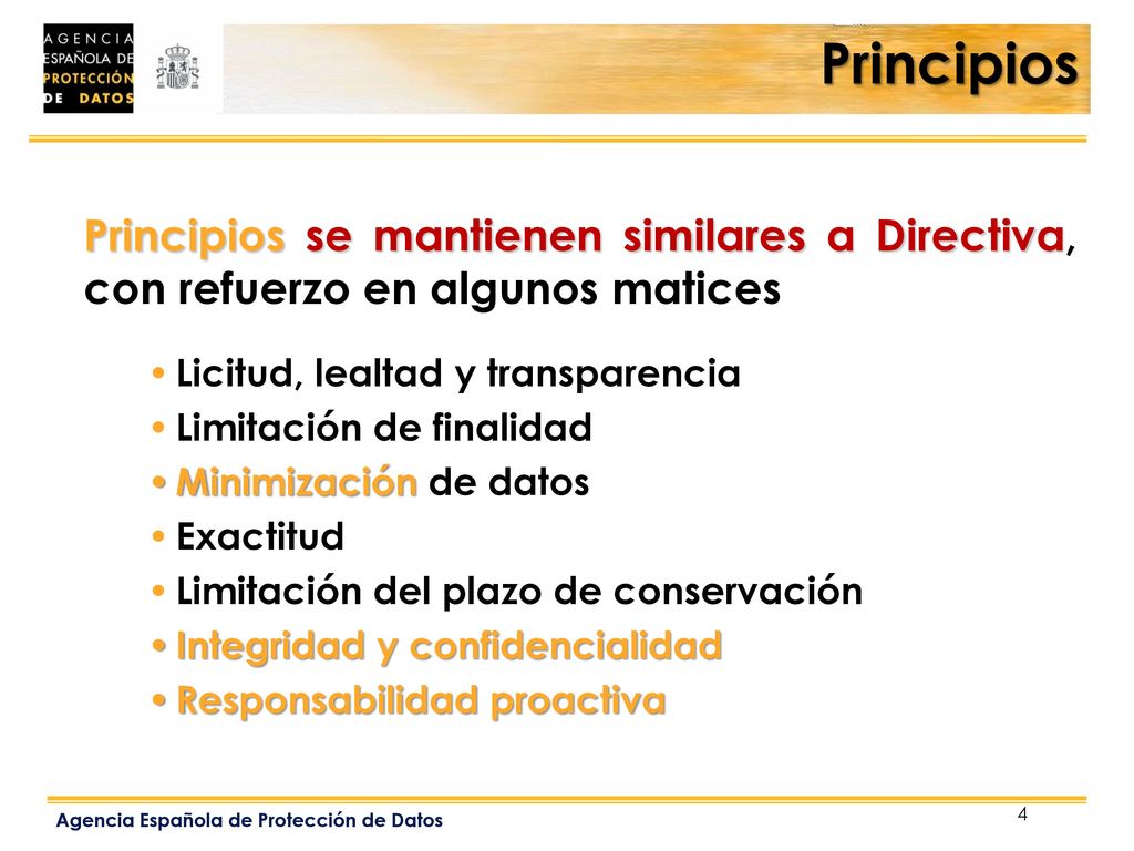 Principios Principios se mantienen similares a Directiva, con refuerzo en algunos matices. Licitud, lealtad y transparencia.