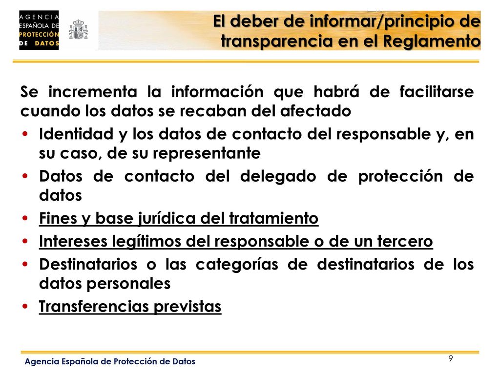 El deber de informar/principio de transparencia en el Reglamento