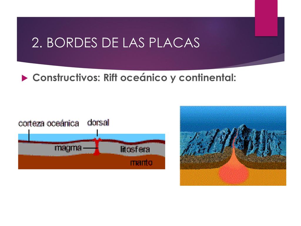 2. BORDES DE LAS PLACAS Constructivos: Rift oceánico y continental: