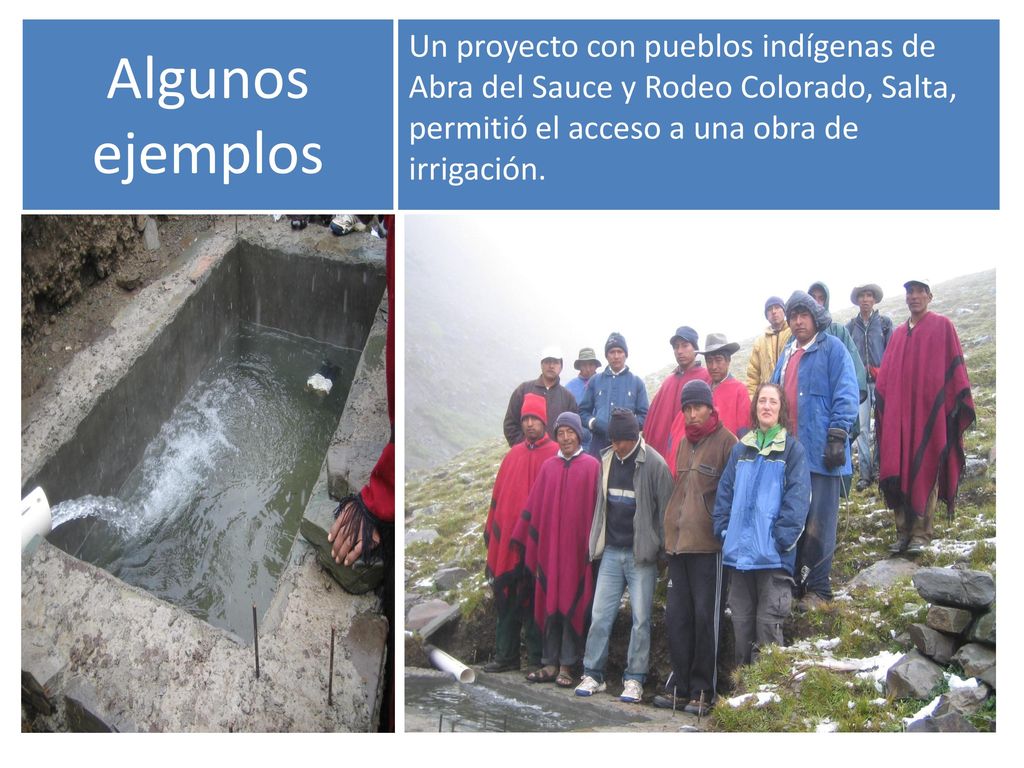 Algunos ejemplos Un proyecto con pueblos indígenas de Abra del Sauce y Rodeo Colorado, Salta, permitió el acceso a una obra de irrigación.