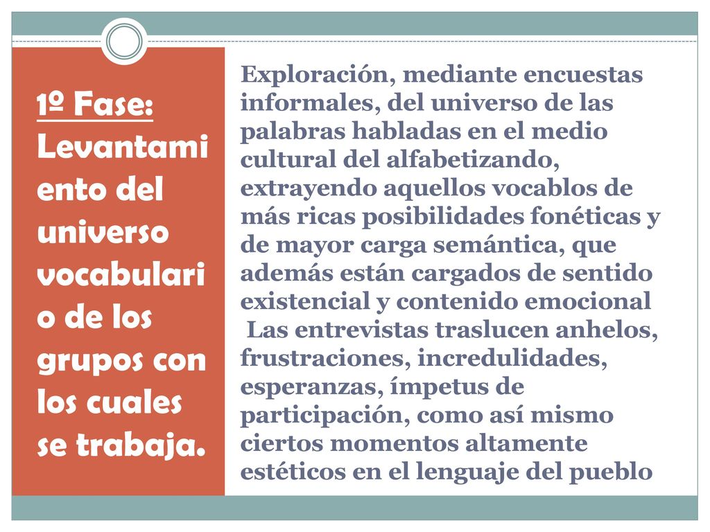 Exploración, mediante encuestas informales, del universo de las palabras habladas en el medio cultural del alfabetizando, extrayendo aquellos vocablos de más ricas posibilidades fonéticas y de mayor carga semántica, que además están cargados de sentido existencial y contenido emocional Las entrevistas traslucen anhelos, frustraciones, incredulidades, esperanzas, ímpetus de participación, como así mismo ciertos momentos altamente estéticos en el lenguaje del pueblo