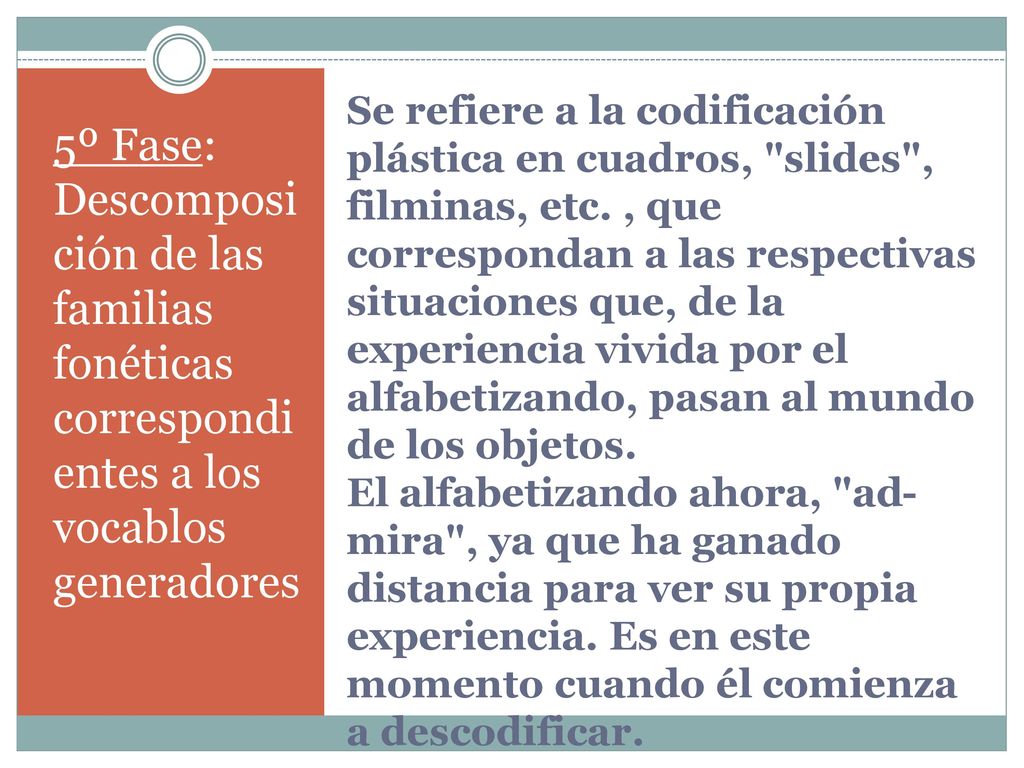Se refiere a la codificación plástica en cuadros, slides , filminas, etc. , que correspondan a las respectivas situaciones que, de la experiencia vivida por el alfabetizando, pasan al mundo de los objetos. El alfabetizando ahora, ad-mira , ya que ha ganado distancia para ver su propia experiencia. Es en este momento cuando él comienza a descodificar.