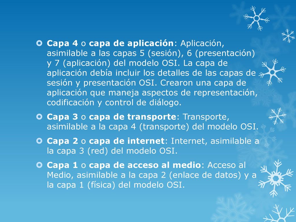 Capa 4 o capa de aplicación: Aplicación, asimilable a las capas 5 (sesión), 6 (presentación) y 7 (aplicación) del modelo OSI. La capa de aplicación debía incluir los detalles de las capas de sesión y presentación OSI. Crearon una capa de aplicación que maneja aspectos de representación, codificación y control de diálogo.
