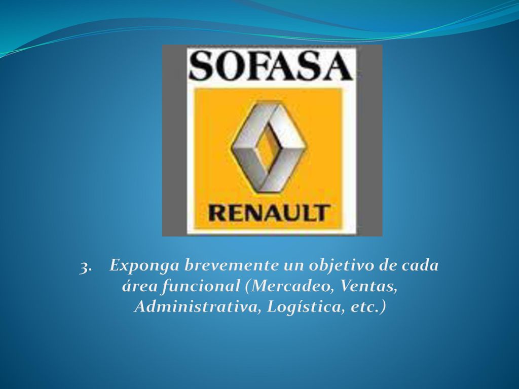 3. Exponga brevemente un objetivo de cada área funcional (Mercadeo, Ventas, Administrativa, Logística, etc.)