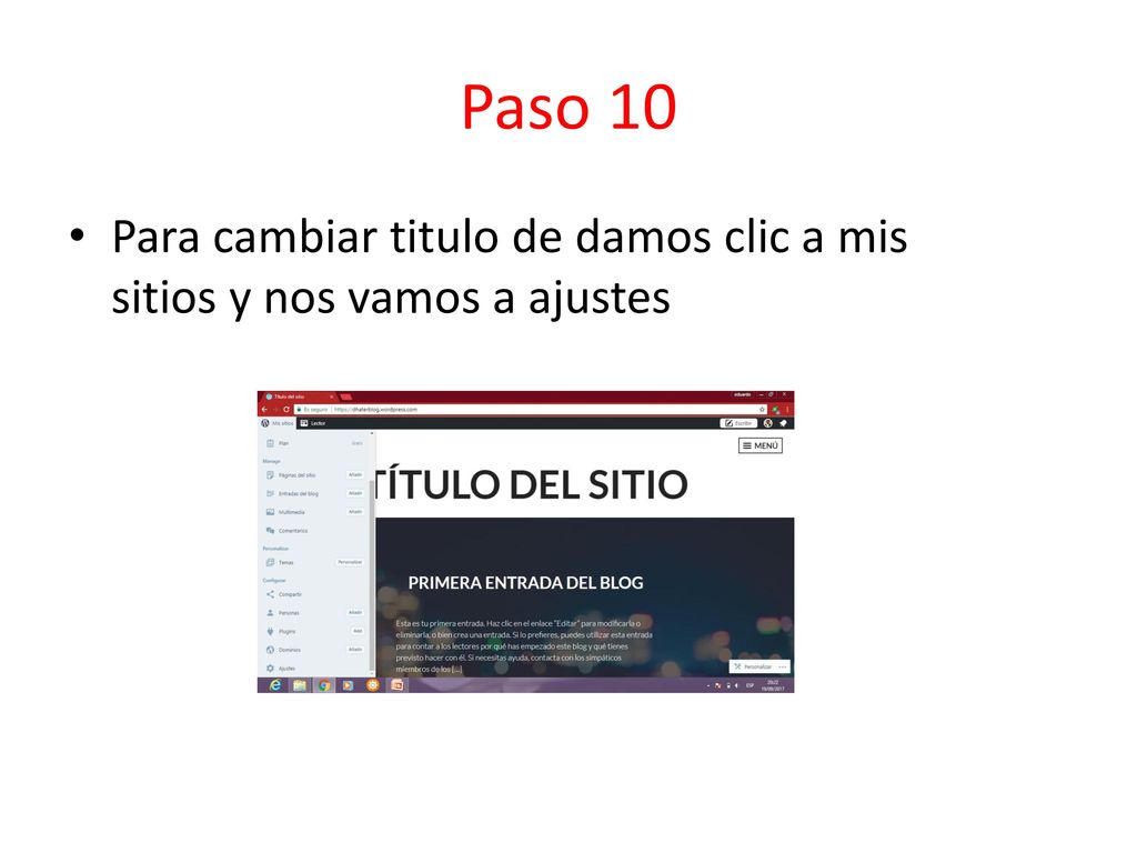 Paso 10 Para cambiar titulo de damos clic a mis sitios y nos vamos a ajustes