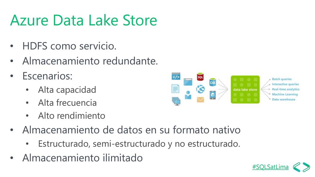 Azure Data Lake Store HDFS como servicio. Almacenamiento redundante.