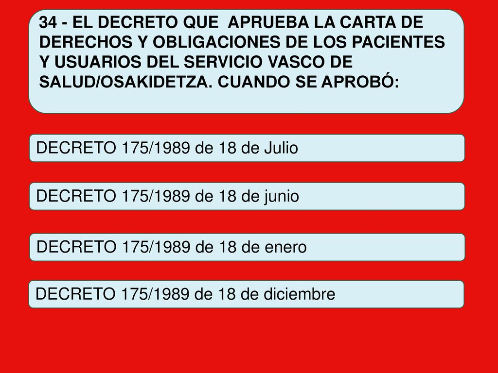 34 - EL DECRETO QUE APRUEBA LA CARTA DE DERECHOS Y OBLIGACIONES DE LOS PACIENTES Y USUARIOS DEL SERVICIO VASCO DE SALUD/OSAKIDETZA. CUANDO SE APROBÓ: