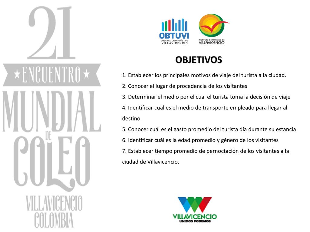 OBJETIVOS 1. Establecer los principales motivos de viaje del turista a la ciudad. 2. Conocer el lugar de procedencia de los visitantes.