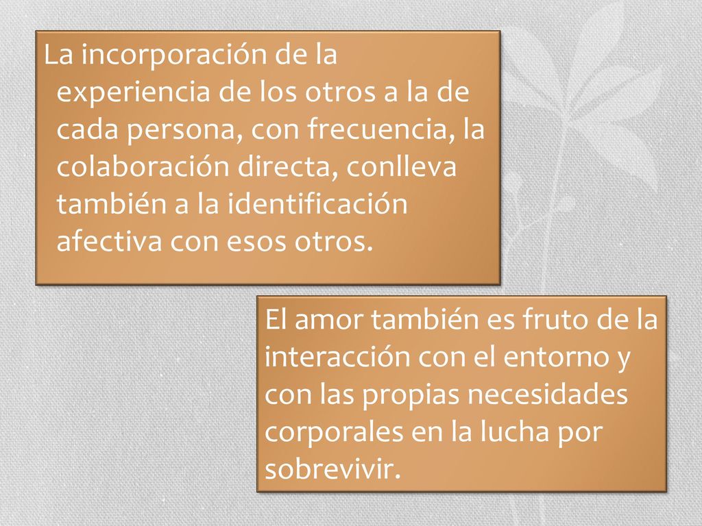 La incorporación de la experiencia de los otros a la de cada persona, con frecuencia, la colaboración directa, conlleva también a la identificación afectiva con esos otros.