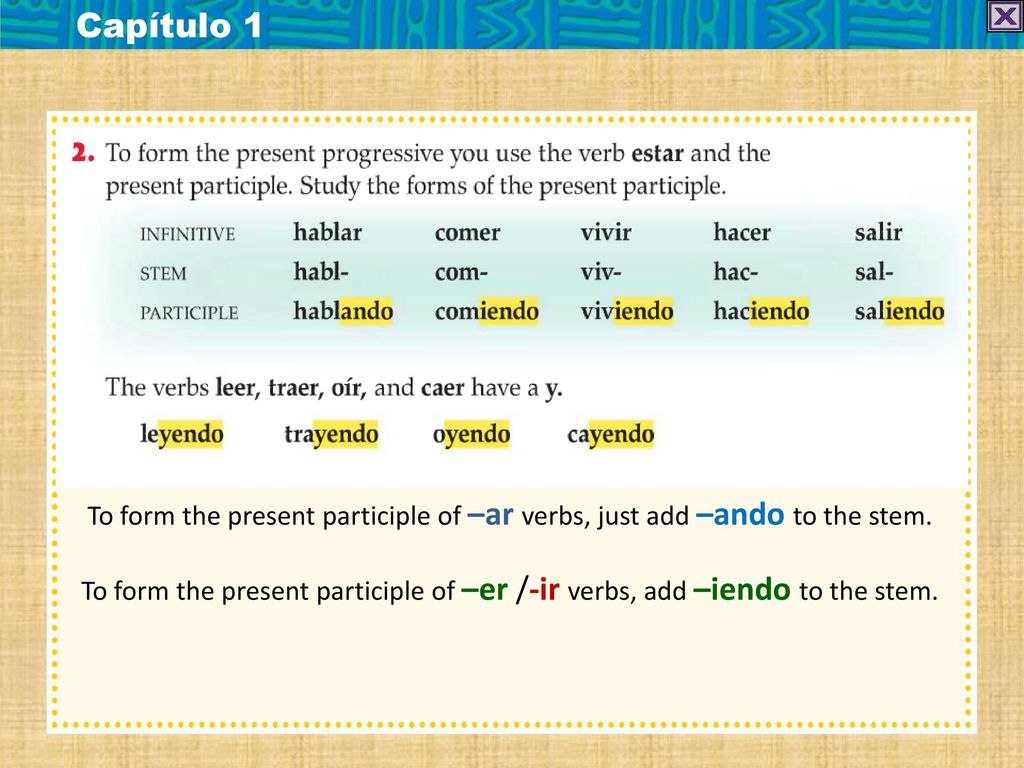 Capítulo 1 To form the present participle of –ar verbs, just add –ando to the stem.
