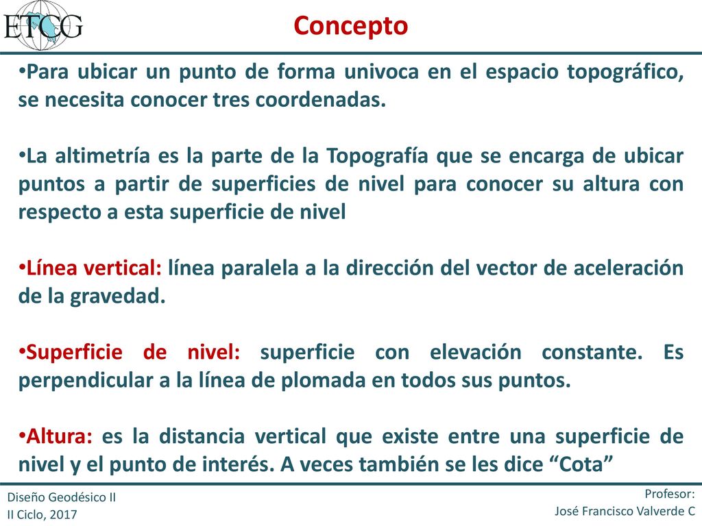Concepto Para ubicar un punto de forma univoca en el espacio topográfico, se necesita conocer tres coordenadas.