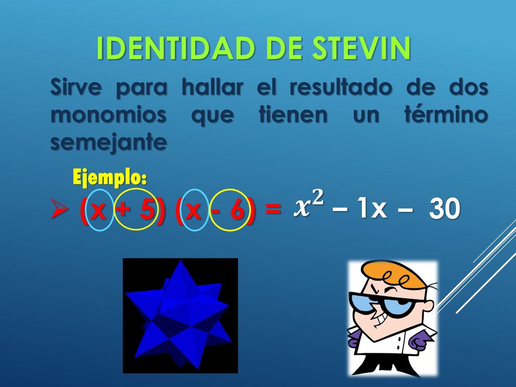 Identidad de stevin (x + 5) (x - 6) = – 1x – 30