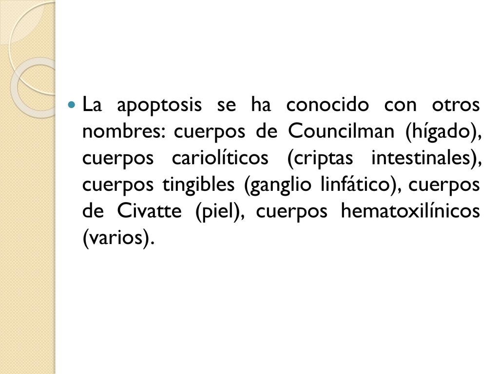 La apoptosis se ha conocido con otros nombres: cuerpos de Councilman (hígado), cuerpos cariolíticos (criptas intestinales), cuerpos tingibles (ganglio linfático), cuerpos de Civatte (piel), cuerpos hematoxilínicos (varios).