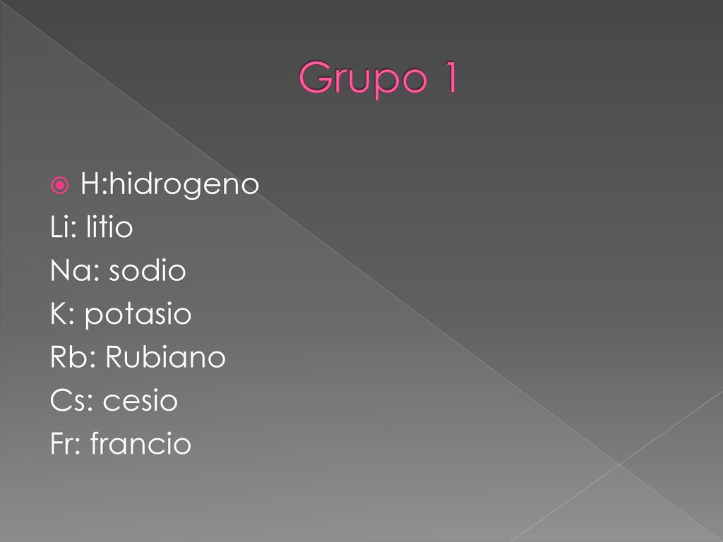 Grupo 1 H:hidrogeno Li: litio Na: sodio K: potasio Rb: Rubiano