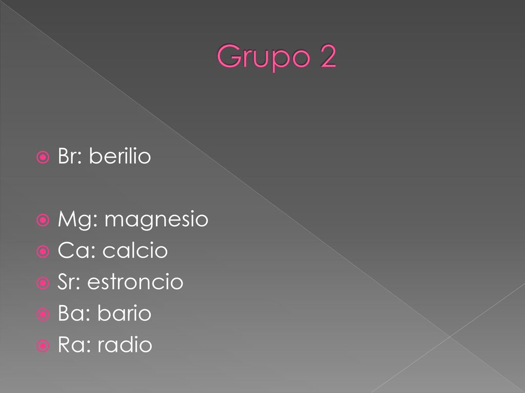 Grupo 2 Br: berilio Mg: magnesio Ca: calcio Sr: estroncio Ba: bario