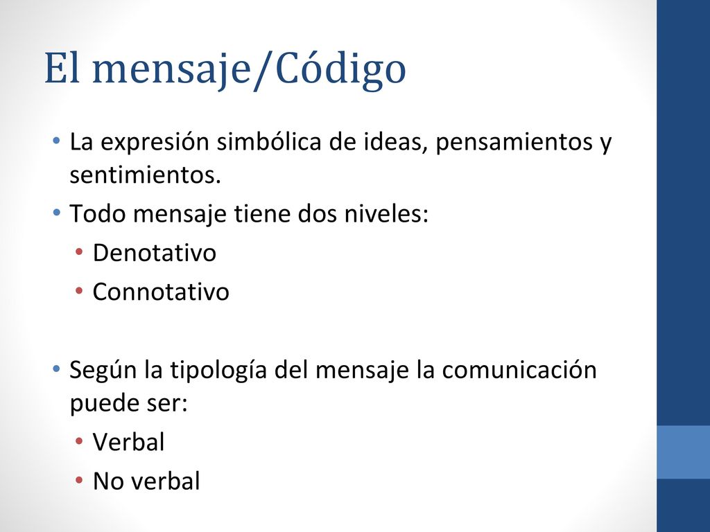 El mensaje/Código La expresión simbólica de ideas, pensamientos y sentimientos. Todo mensaje tiene dos niveles: