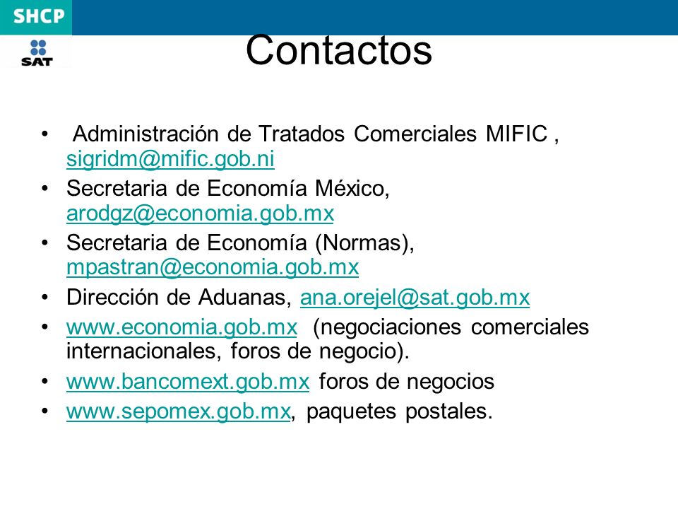 Contactos Administración de Tratados Comerciales MIFIC , Secretaria de Economía México,