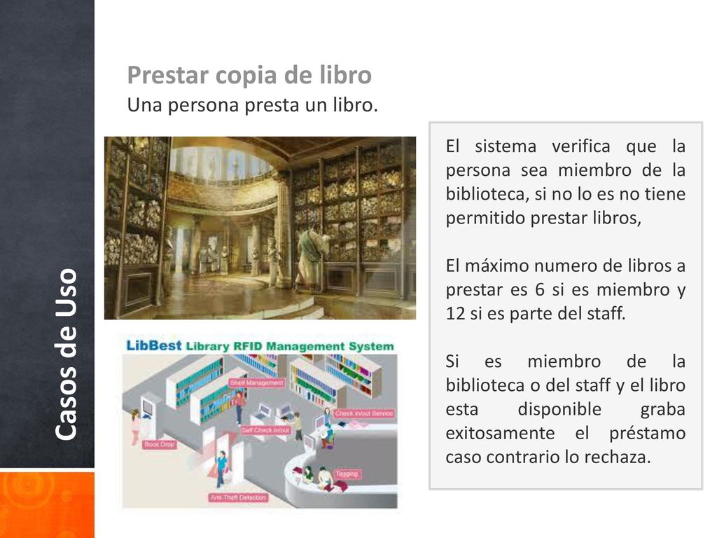 Casos de Uso Prestar copia de libro Una persona presta un libro.