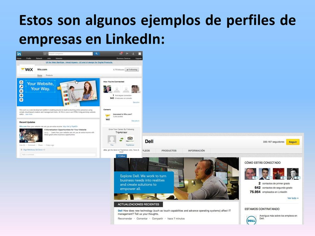 Estos son algunos ejemplos de perfiles de empresas en LinkedIn: