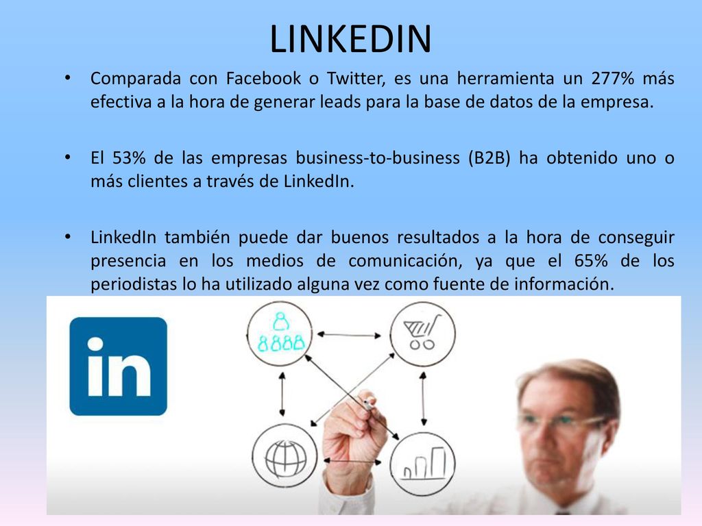 LINKEDIN Comparada con Facebook o Twitter, es una herramienta un 277% más efectiva a la hora de generar leads para la base de datos de la empresa.