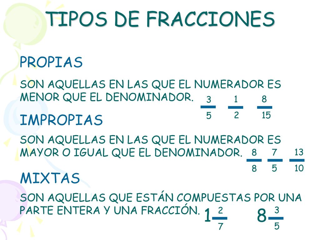 TIPOS DE FRACCIONES 1 8 PROPIAS IMPROPIAS MIXTAS