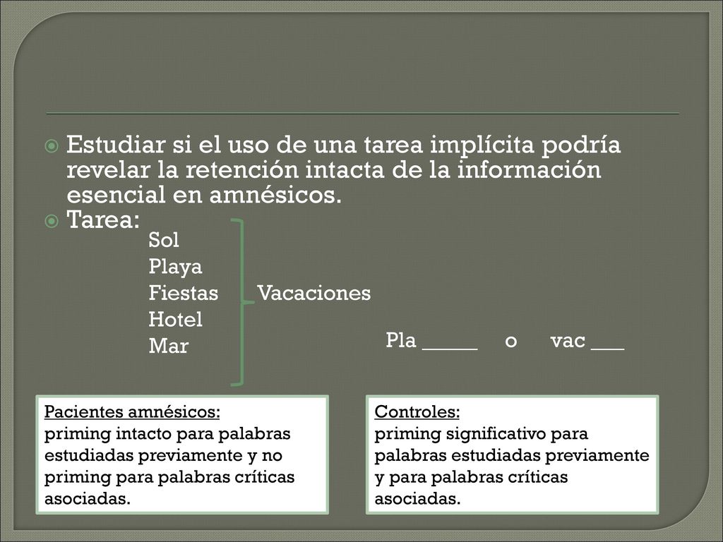 Estudiar si el uso de una tarea implícita podría revelar la retención intacta de la información esencial en amnésicos.