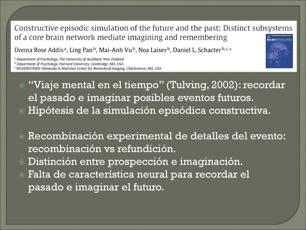 Viaje mental en el tiempo (Tulving, 2002): recordar el pasado e imaginar posibles eventos futuros.