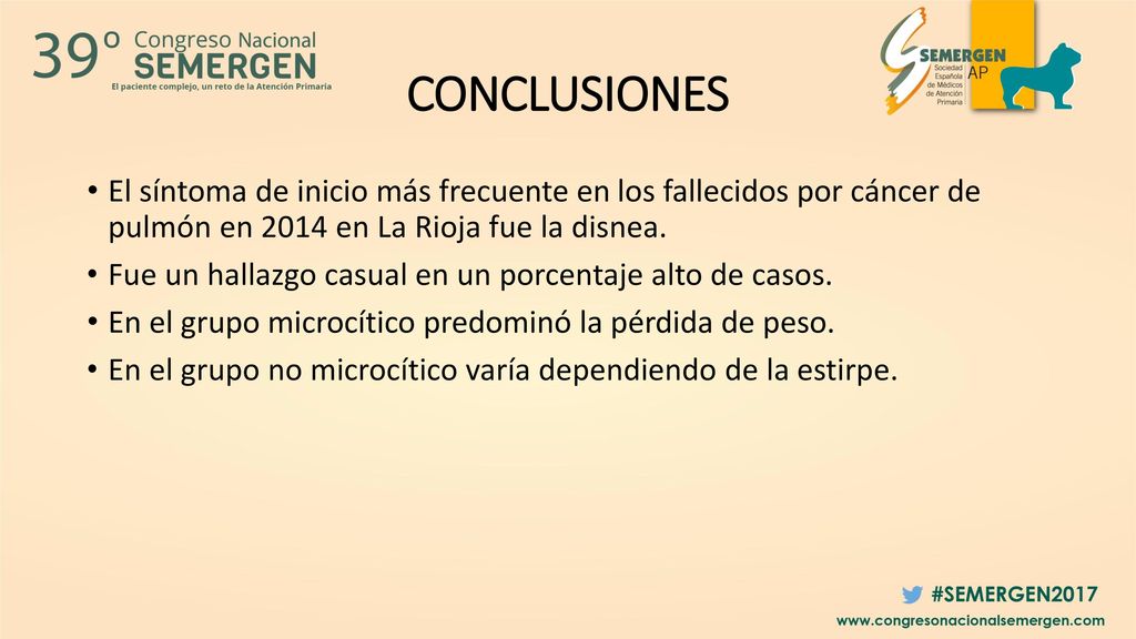CONCLUSIONES El síntoma de inicio más frecuente en los fallecidos por cáncer de pulmón en 2014 en La Rioja fue la disnea.