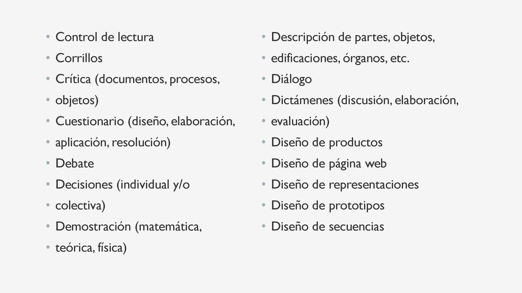Control de lectura Descripción de partes, objetos, Corrillos. edificaciones, órganos, etc. Crítica (documentos, procesos,
