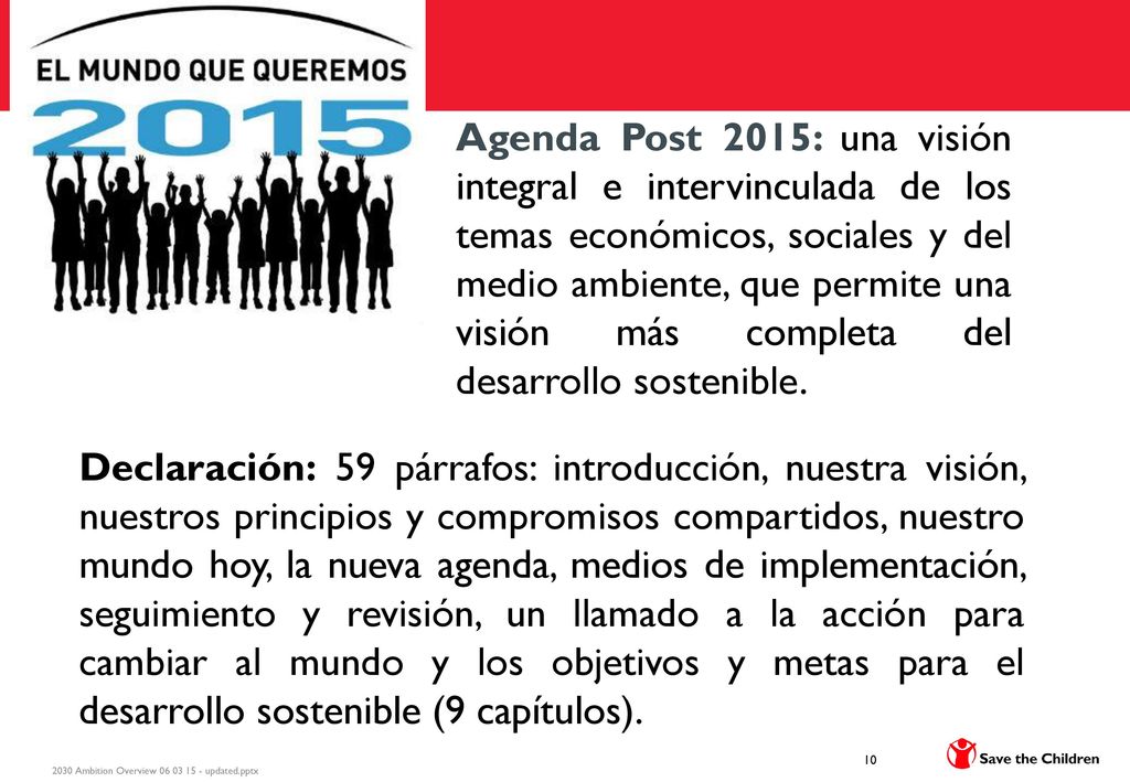 Agenda Post 2015: una visión integral e intervinculada de los temas económicos, sociales y del medio ambiente, que permite una visión más completa del desarrollo sostenible.