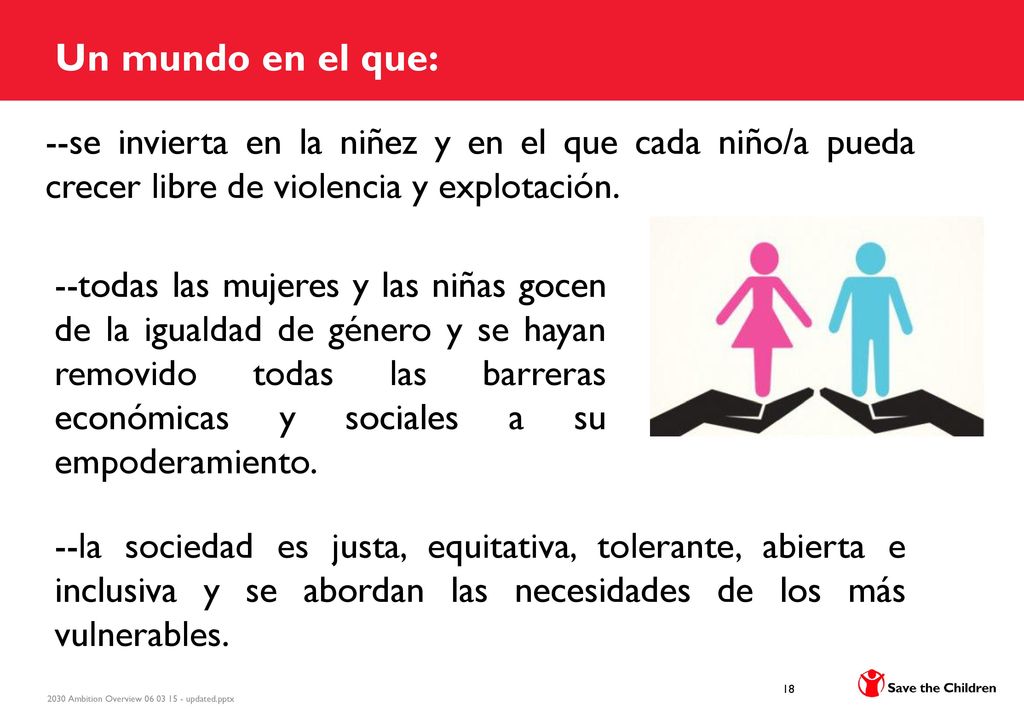 Un mundo en el que: --se invierta en la niñez y en el que cada niño/a pueda crecer libre de violencia y explotación.