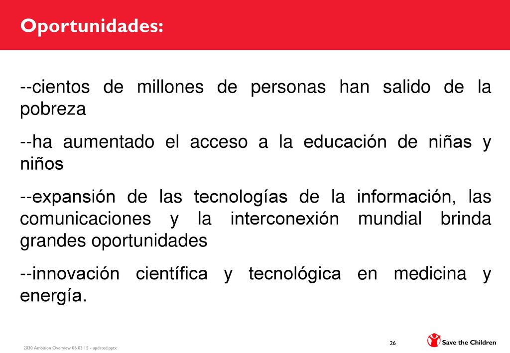 Oportunidades: --cientos de millones de personas han salido de la pobreza. --ha aumentado el acceso a la educación de niñas y niños.