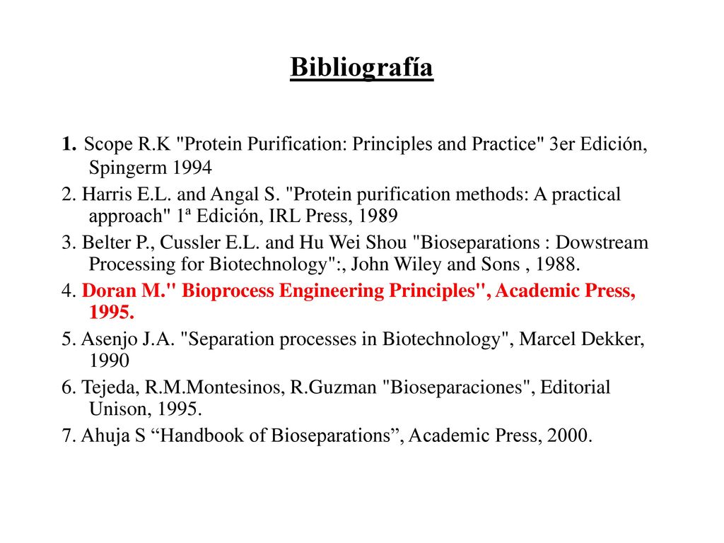 Bibliografía 1. Scope R.K Protein Purification: Principles and Practice 3er Edición, Spingerm