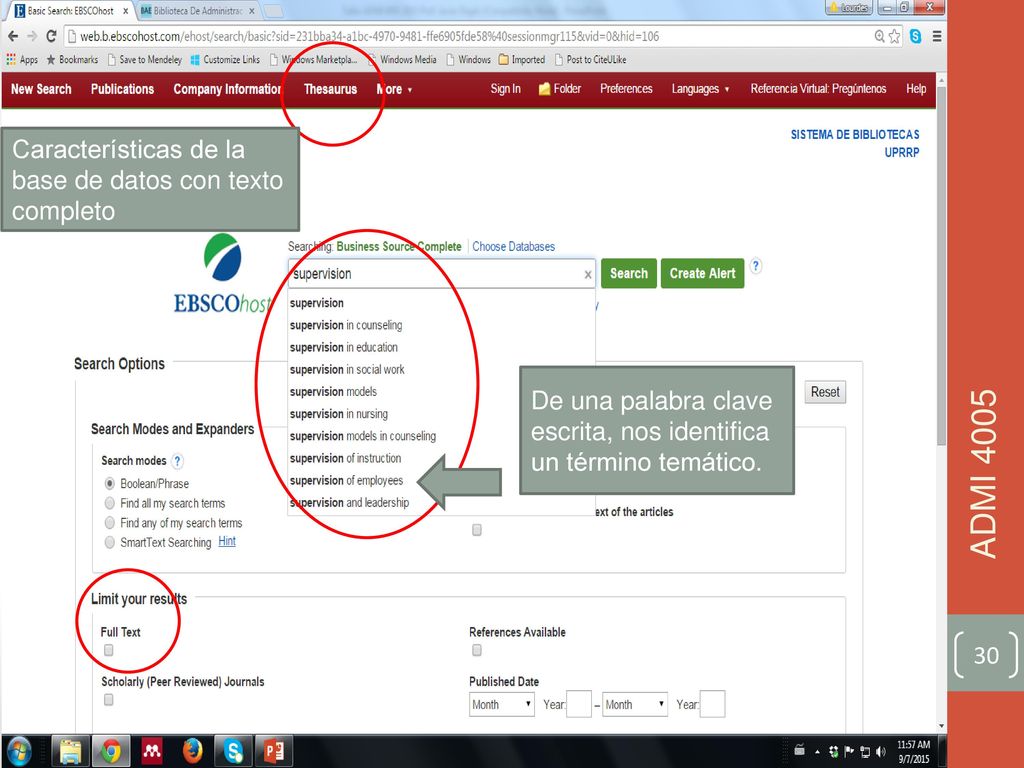 ADMI 4005 Características de la base de datos con texto completo
