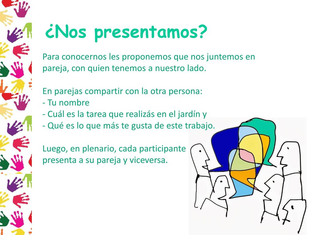 ¿Nos presentamos Para conocernos les proponemos que nos juntemos en pareja, con quien tenemos a nuestro lado.