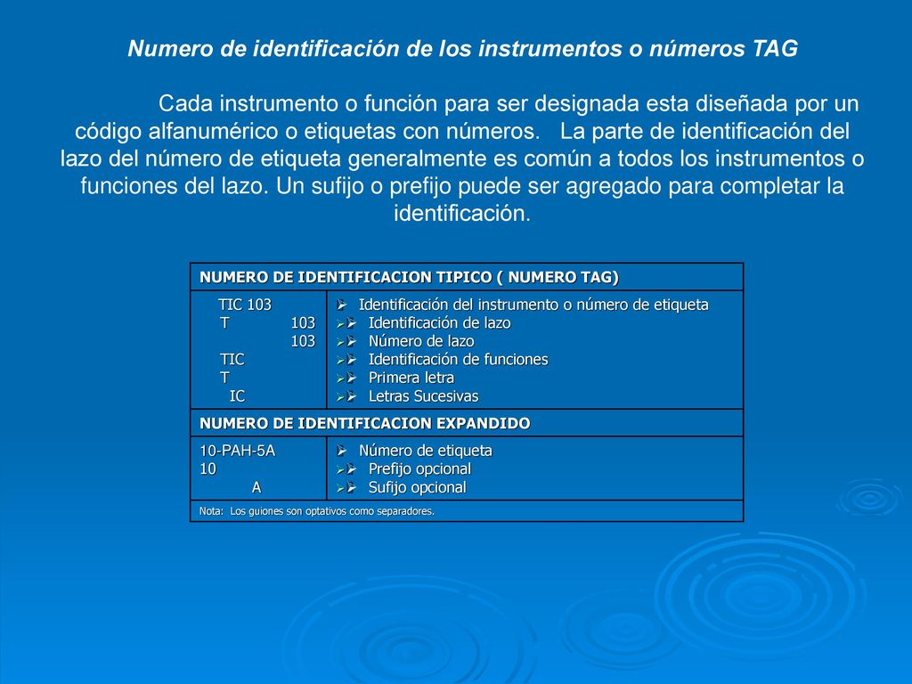 Numero de identificación de los instrumentos o números TAG