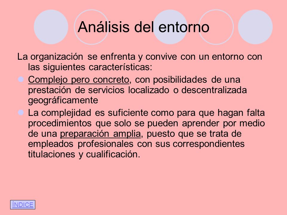 Análisis del entorno La organización se enfrenta y convive con un entorno con las siguientes características: